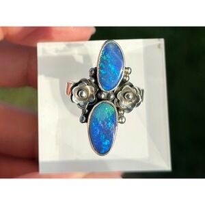 Australian Opal Double‎ Stone Sterling Silver Ring Size 7.5